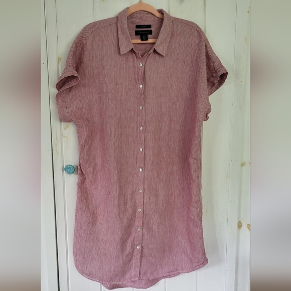 Tahari 100% Linen Red/ White Pinstripe Short Sleeve Shirt Dress Coverup Tunic - Picture 1 of 10